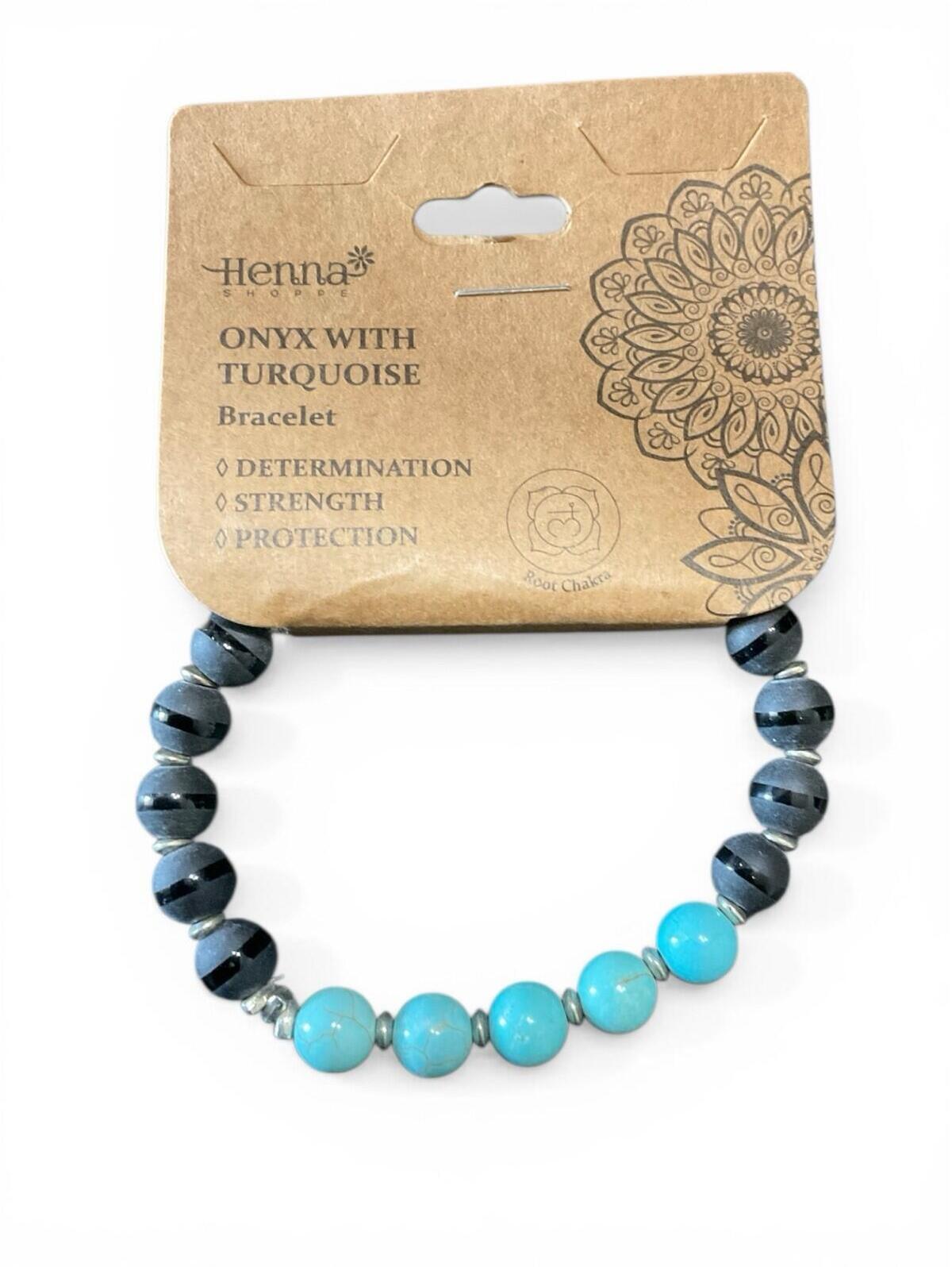 Henna Shoppe Onyx Turquoise Beaded Bracelet Nwt Stretch 8mm Healing Stone Boho